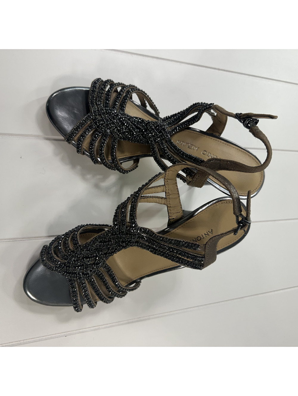 Antonio Melani Black Beaded Strappy Heels Size 8.5 Stylish Pumps
